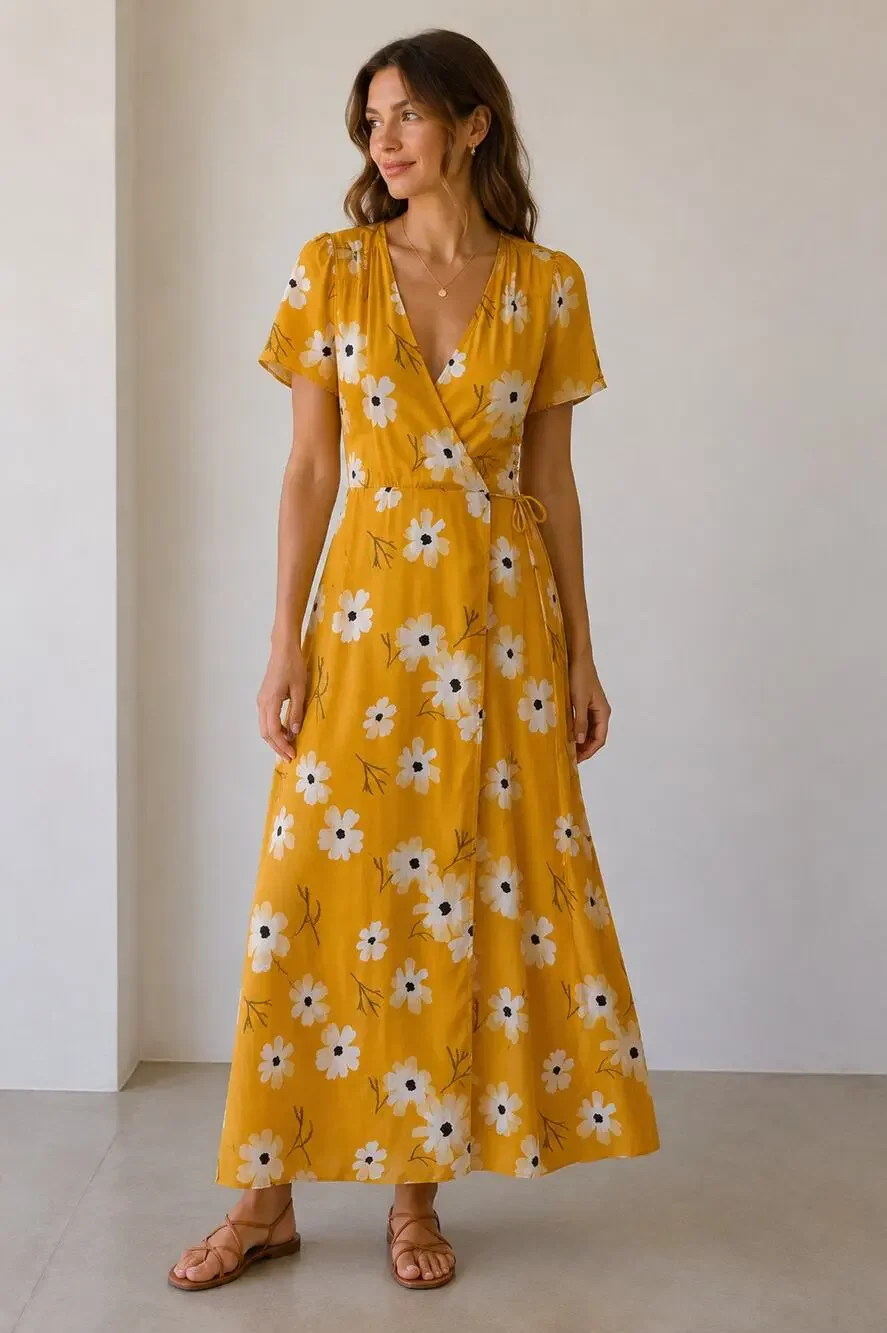 Madewell Floral Wrap Maxi Dress S Mustard Yellow Cottagecore Boho - Picture 1 of 7